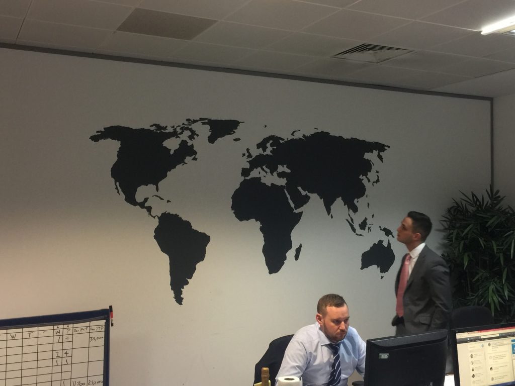 A world map cut from vinyl in leeds