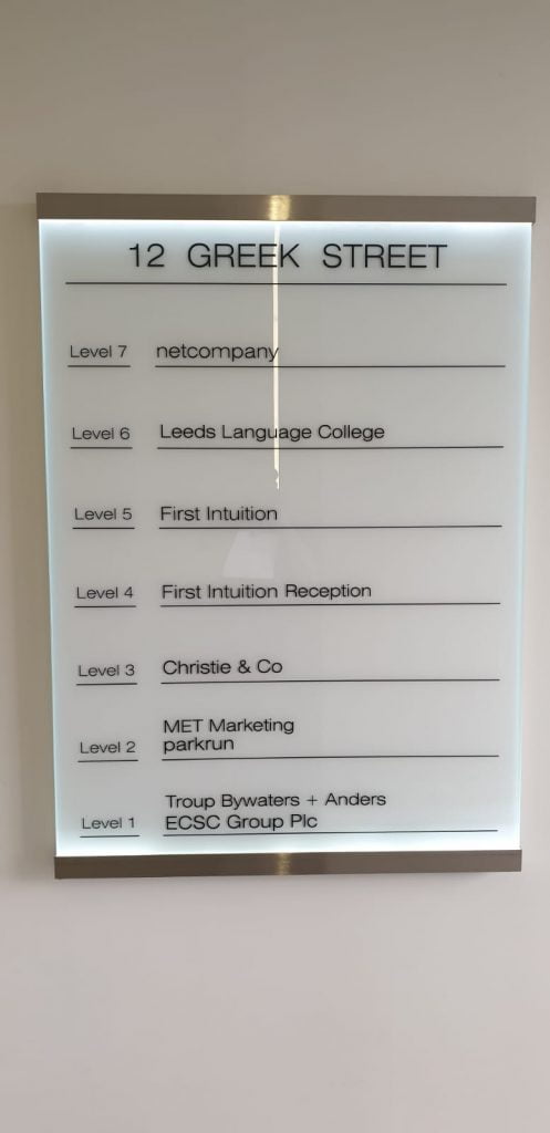 Wayfinding directory sign for an office in Leeds