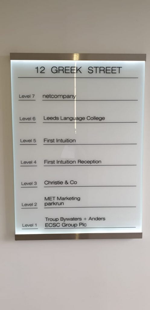 An acrylic sign in leeds being used as a directory board